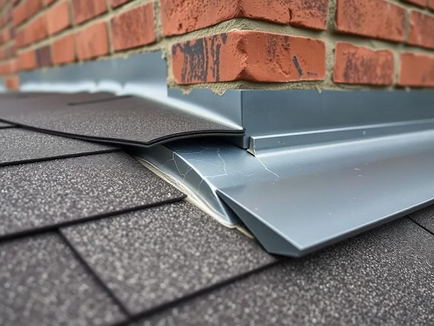 Failed step flashing where a shingle roof meets a brick chimney, cracked sealant and a visible gap
