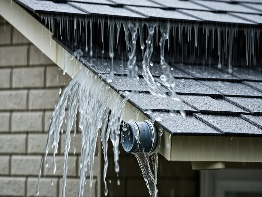 Heavy rain running off a residential roof and overshooting the gutter at a valley