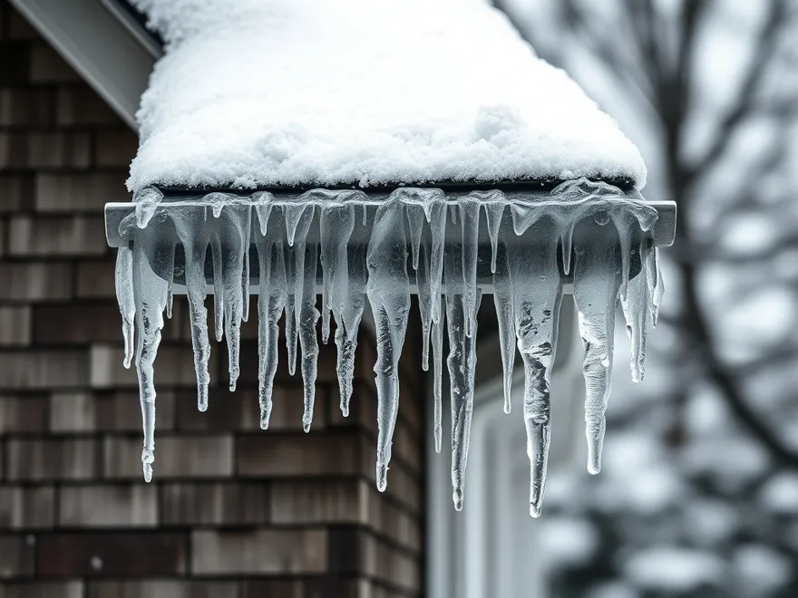 Thick ridge of ice built up along the eave of a shingle roof with icicles at the gutter