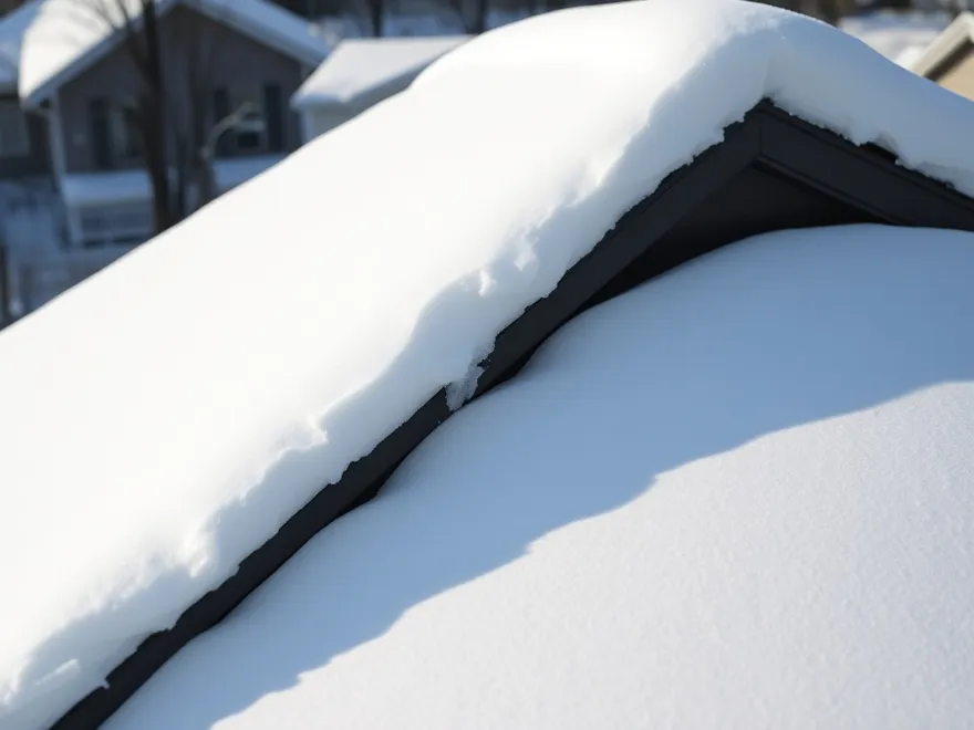 Deep snow sitting on a low-slope roof section with a sag along the ridge