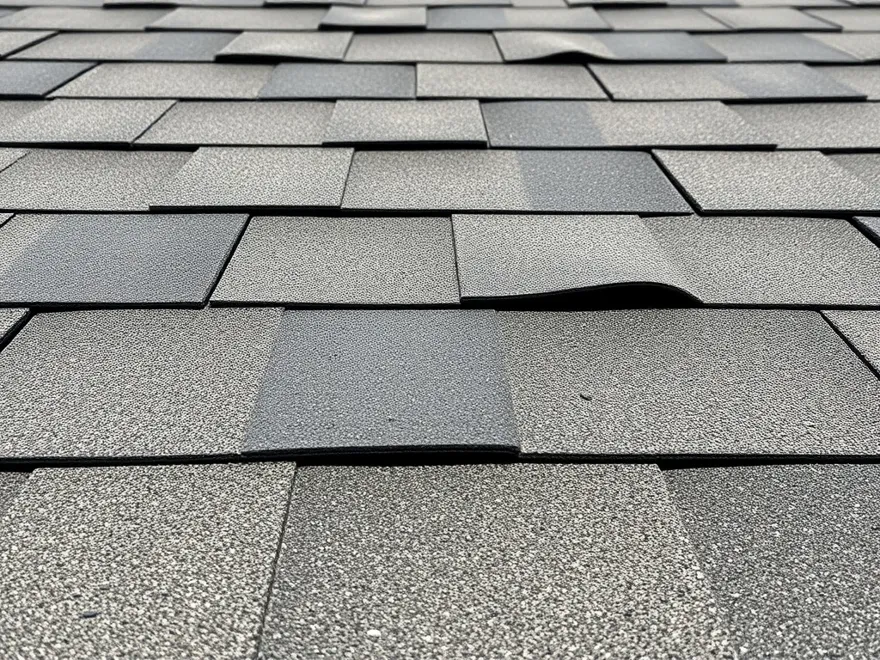 Sun-beaten asphalt shingle roof with bare patches where the granules have worn away and curled shingle edges