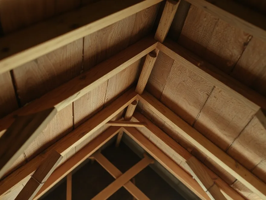 Underside of roof sheathing seen from inside the attic above the insulation