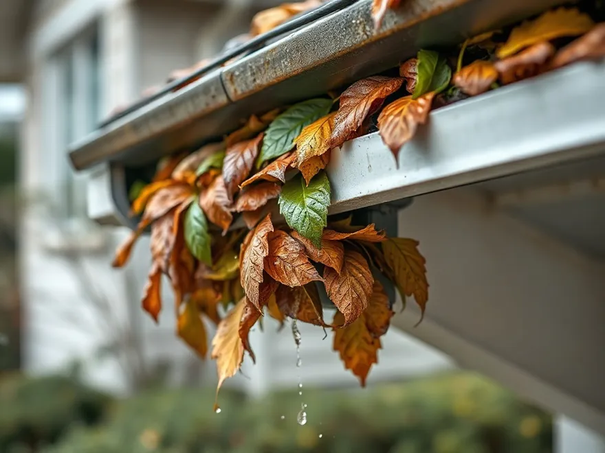 Gutter packed with wet leaves and overflowing at the downspout outlet