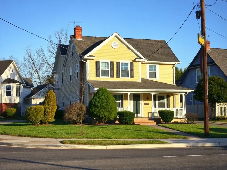 Two storey house with a gabled asphalt shingle roof on a suburban street
