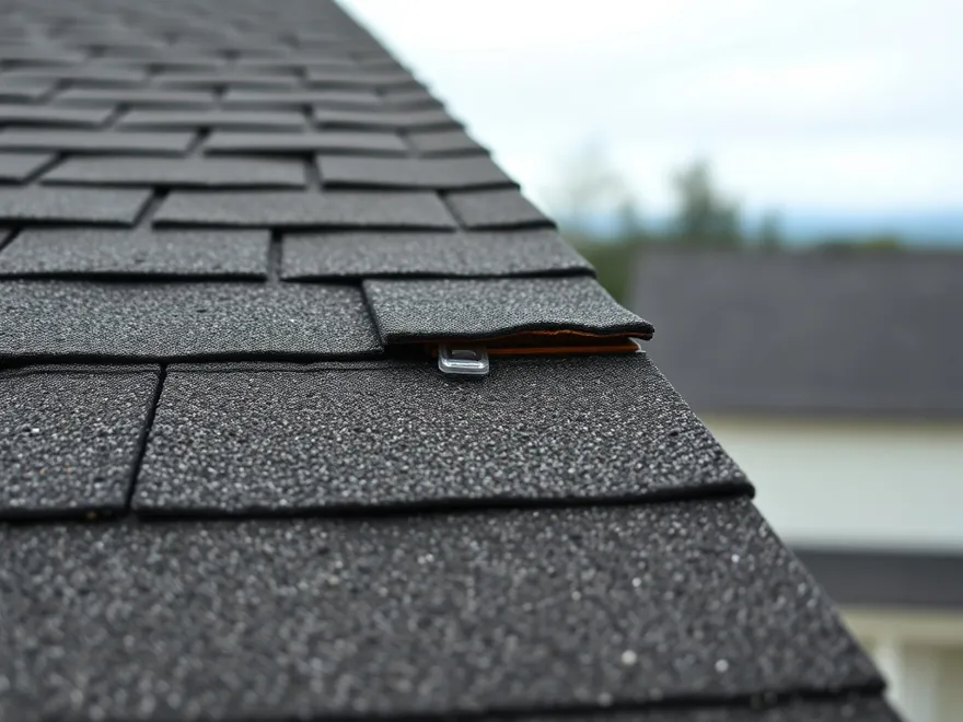 Asphalt shingles with granule loss and one lifted tab on a roof slope