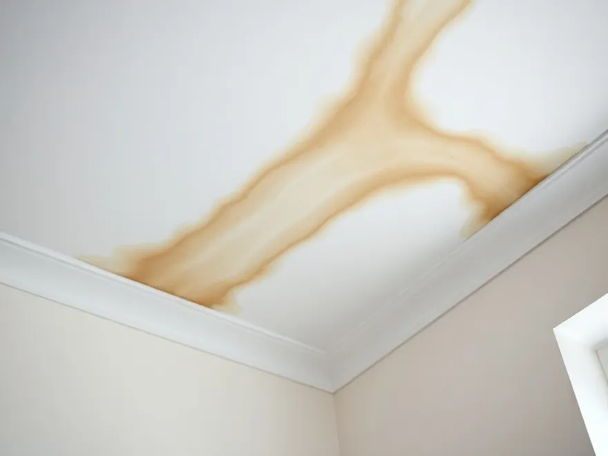 Brown water stain spreading across an interior ceiling near a wall corner