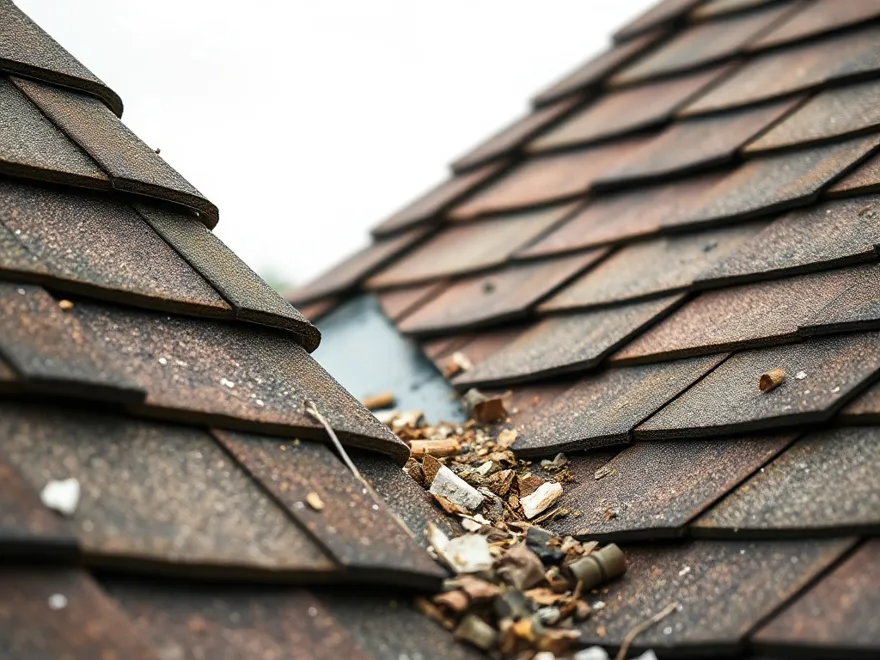 Roof valley where two slopes meet with debris along the metal flashing